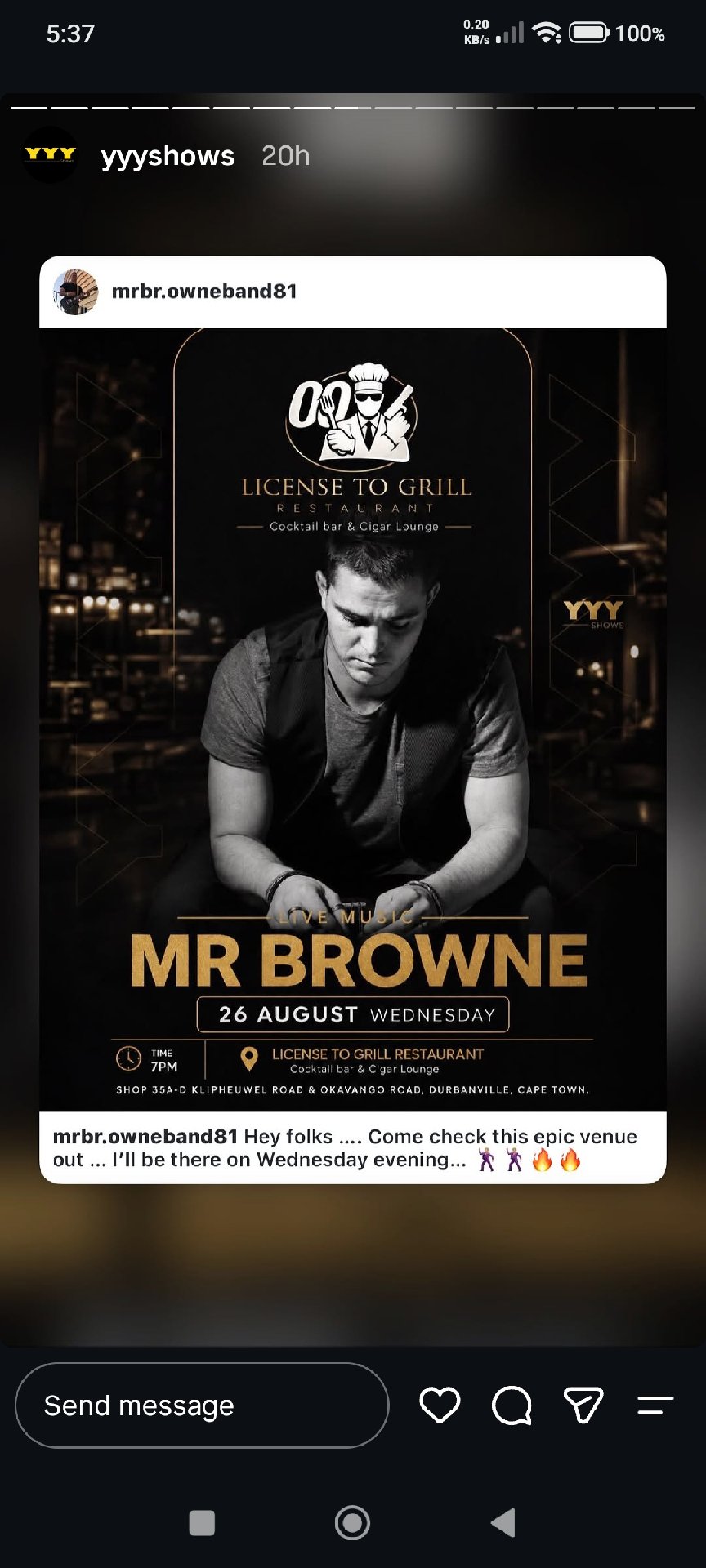 Mr Browne @ License to Grill Restaurant Durbanville · Cape Town 26 Aug