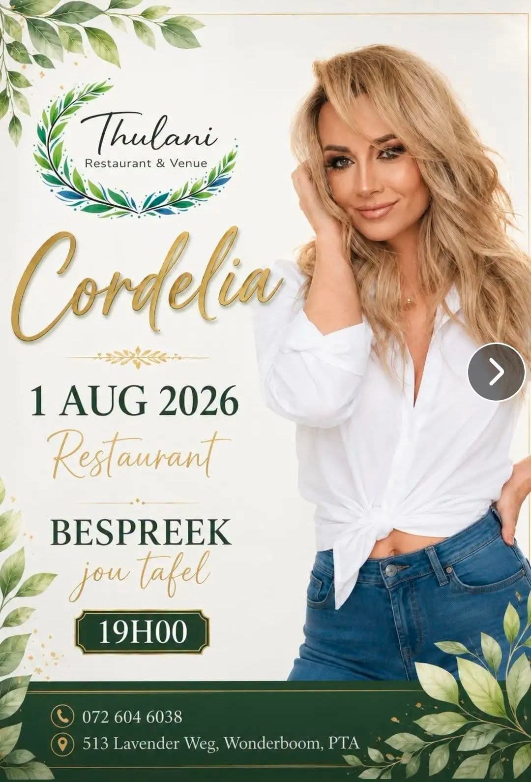 Cordelia @ Thulani Restaurant & Venue 1 Aug