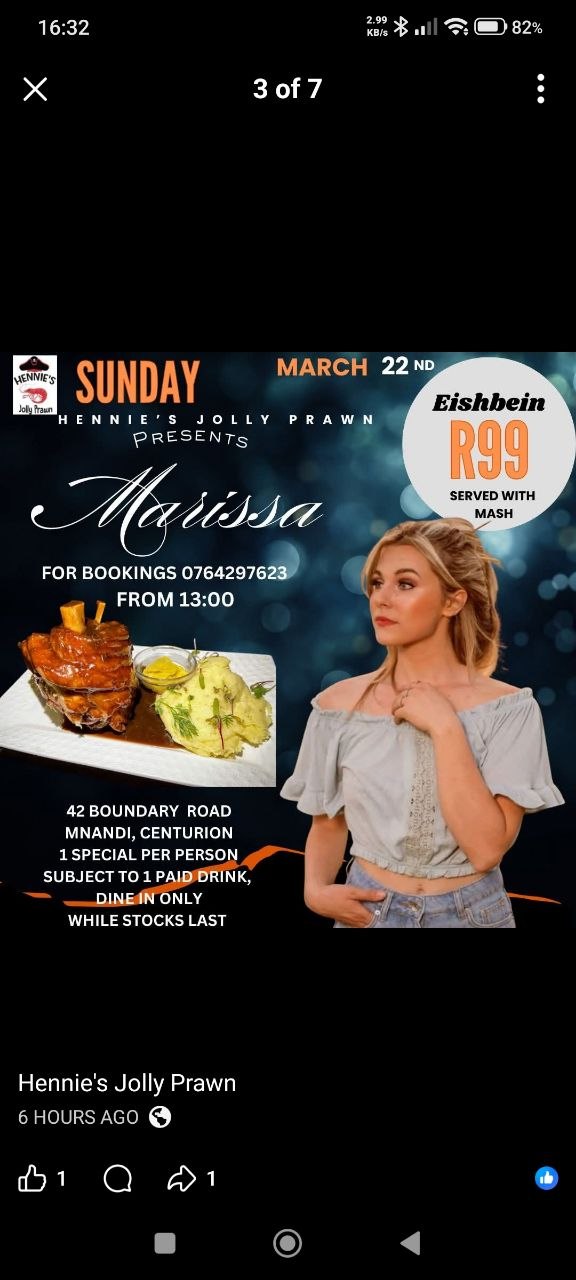 Marissa @ Hennie's Jolly Prawn, 22 March 2026 13:00, Free