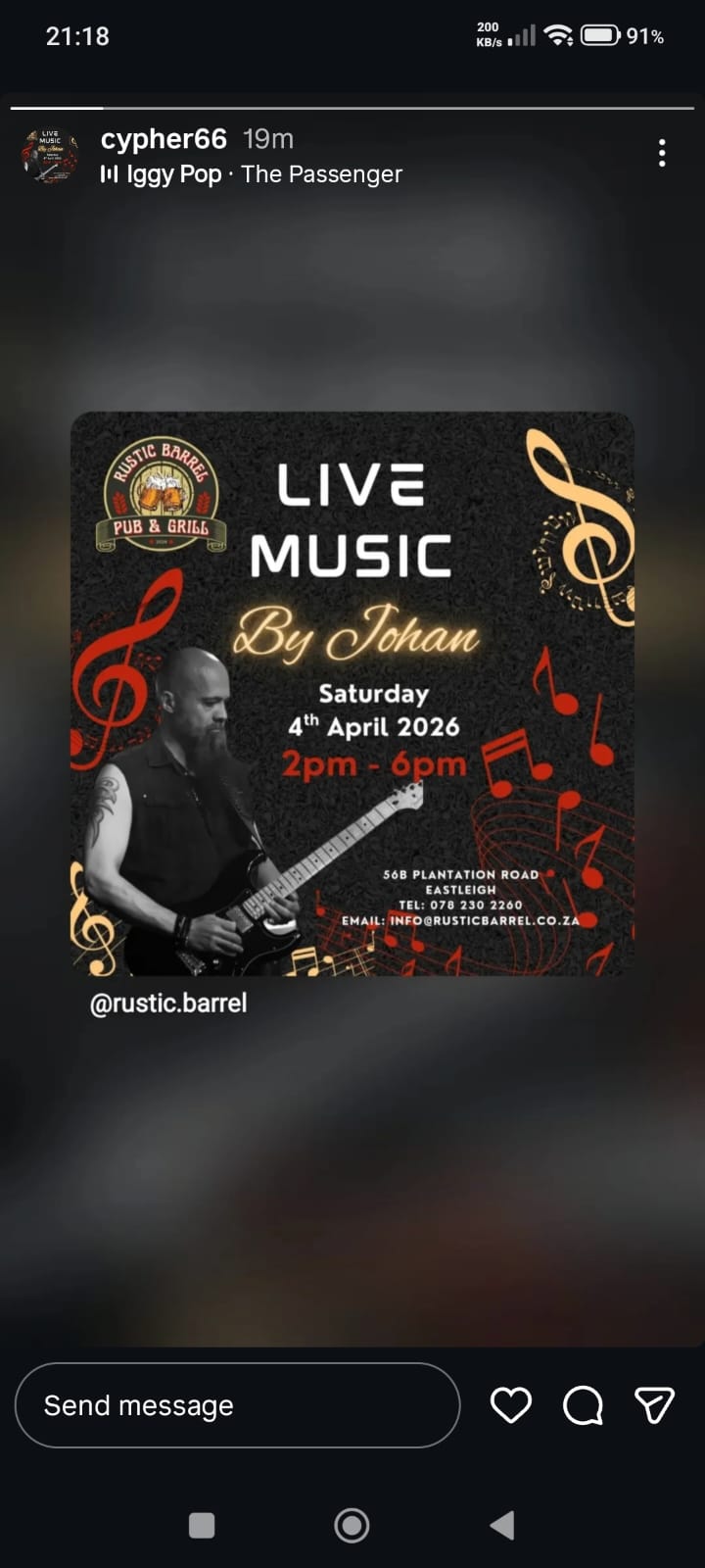 Johan @ Rustic Barrel Pub & Grill, 04-04-2026 14:00
