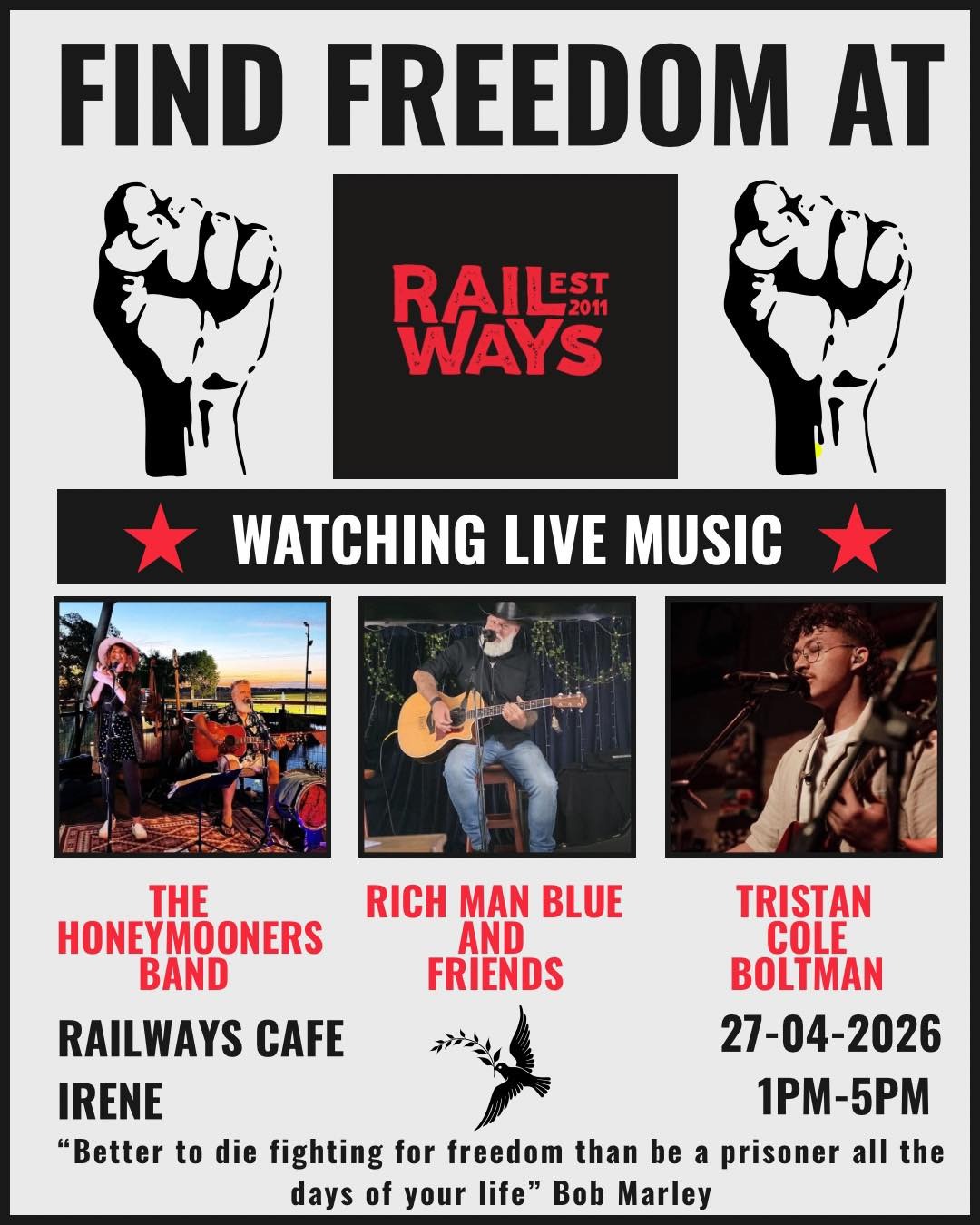 The Honeymooners Band, Rich Man Blue and Friends, Tristan Cole Boltman @ Railways Cafe Irene, 27-04-2026 13:00