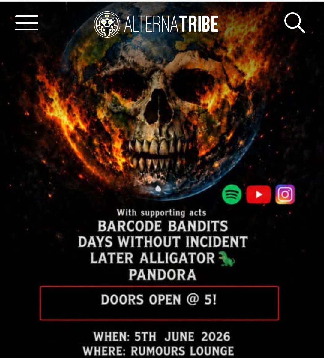 In Dreams with supporting acts Barcode Bandits, Days Without Incident, Later Alligator, Pandora